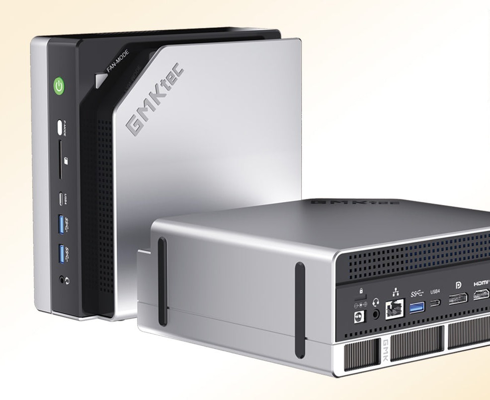 GMKtec EVO-X2 mini-PC — AMD Ryzen AI Max+ 395 (Strix Halo), front and rear views